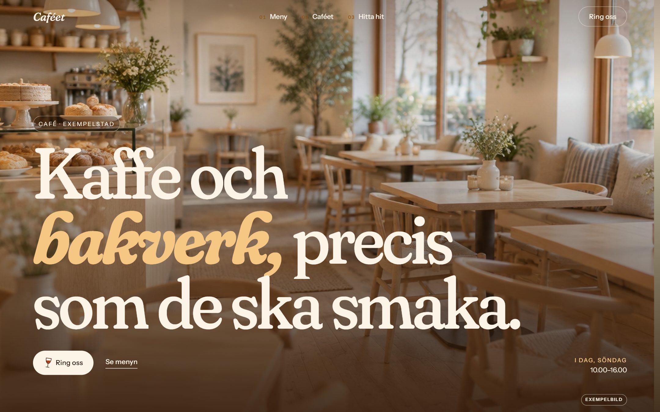 Exempelsida för ett café, datorvy