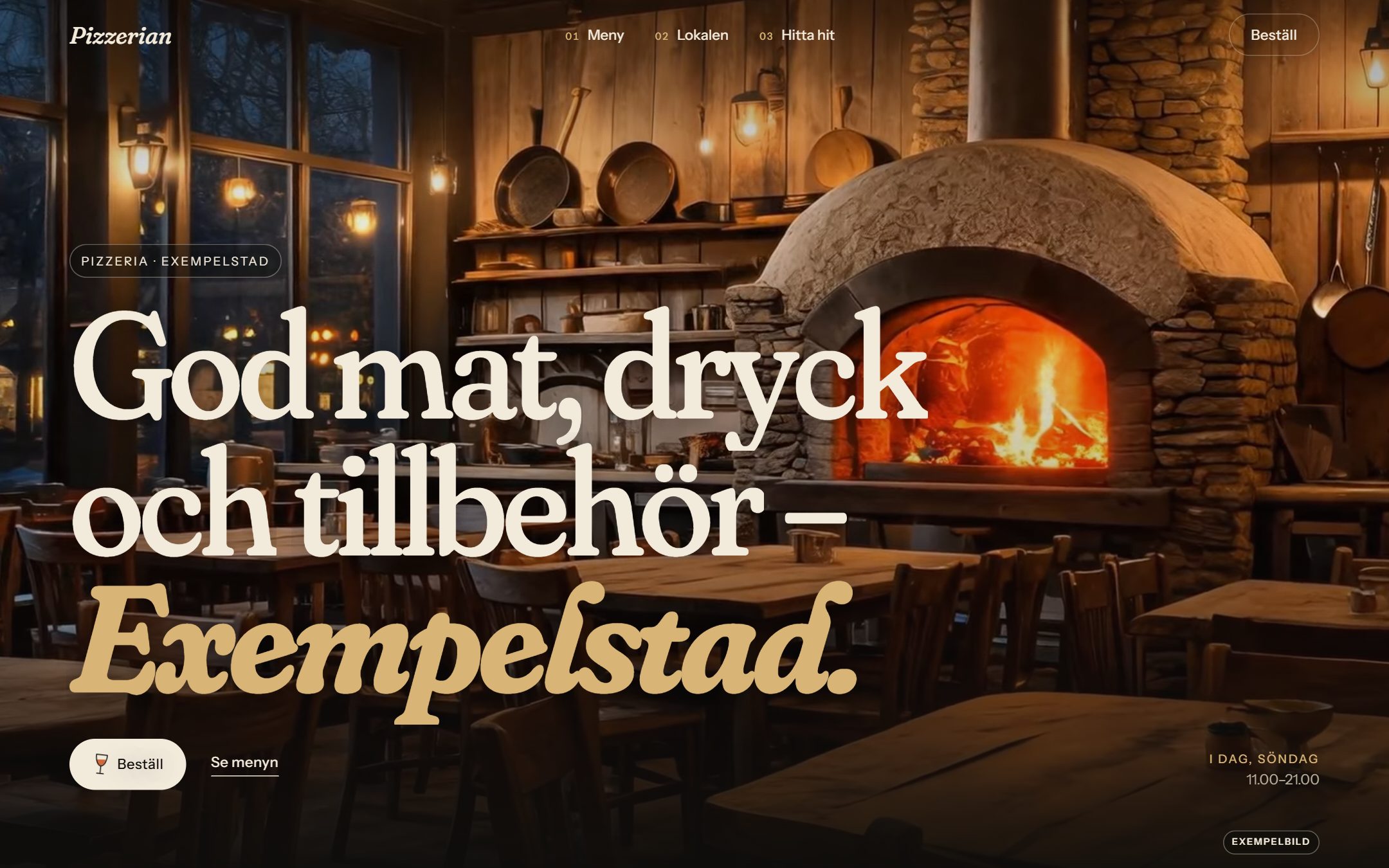 Exempelsida för en pizzeria, datorvy