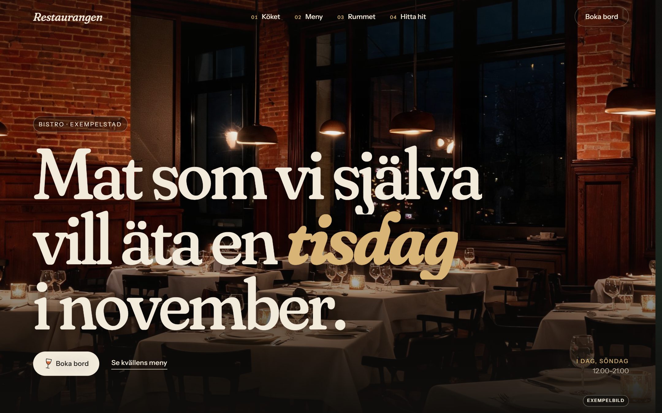 Exempelsida för en restaurang, datorvy